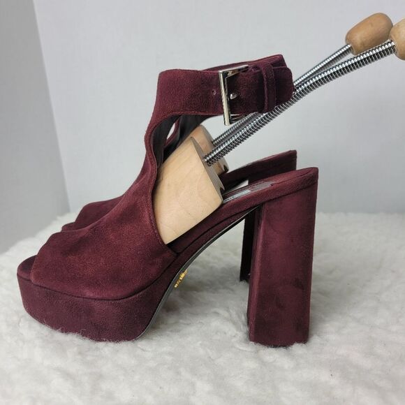 Prada Burgundy Plum Cut Out Womens Size 7 Suede Strapy Slingback Platform Heel - Picture 3 of 10